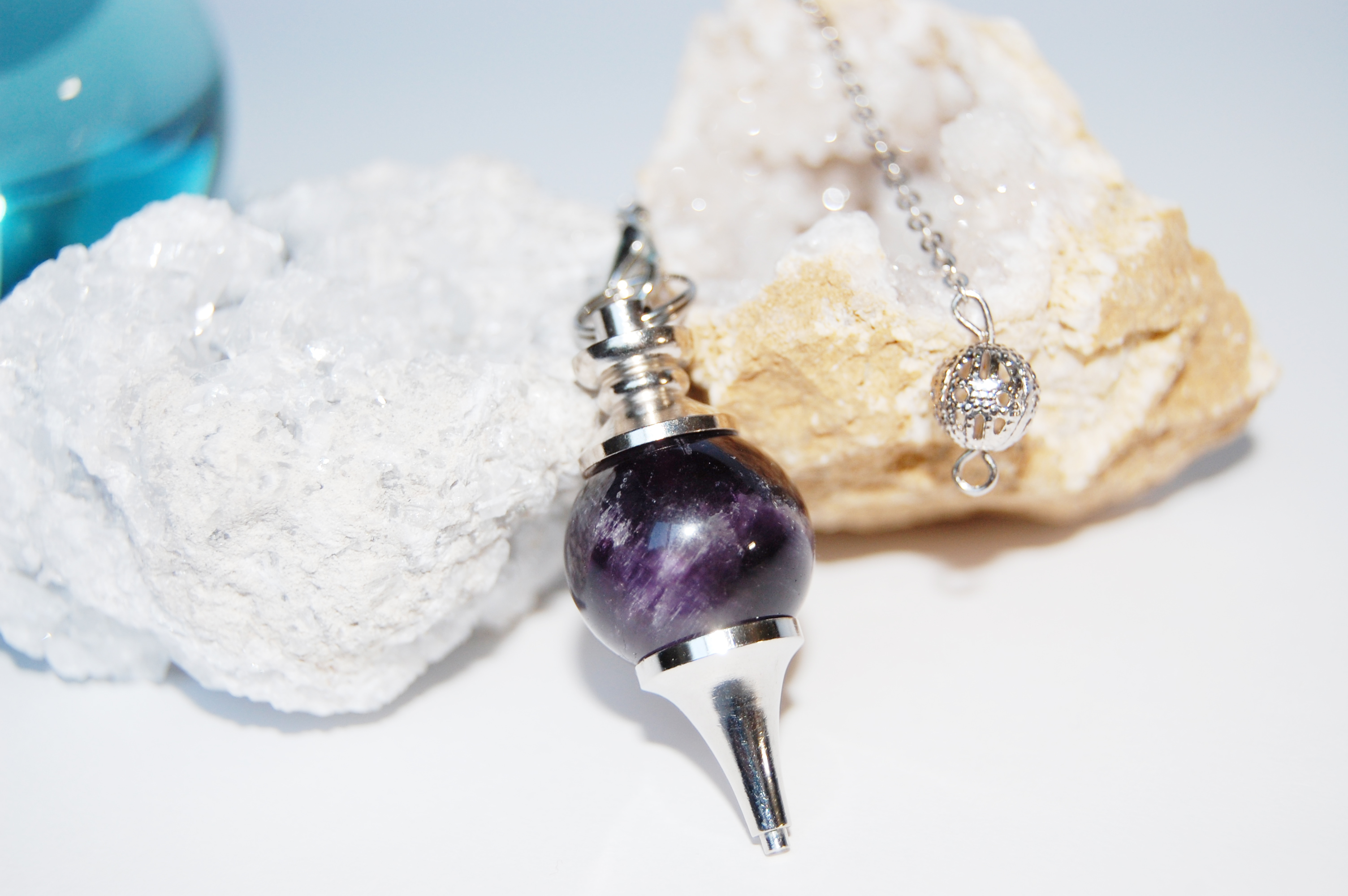 Amethyst Pendulum (Blessed) With 2 Blessed Clear Quarts Crystals [Double Terminated] 
